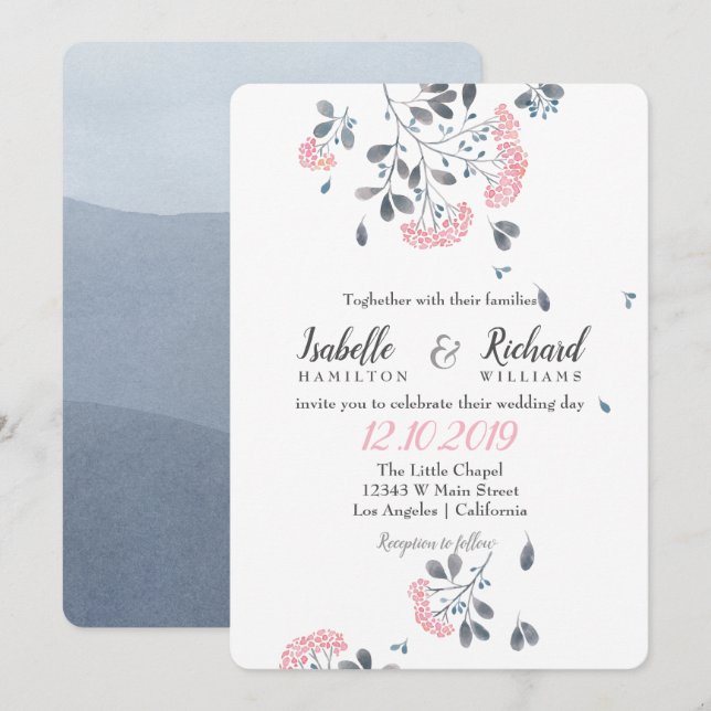 Chic Floral grey pink dandelion watercolor wedding Invitation (Front/Back)