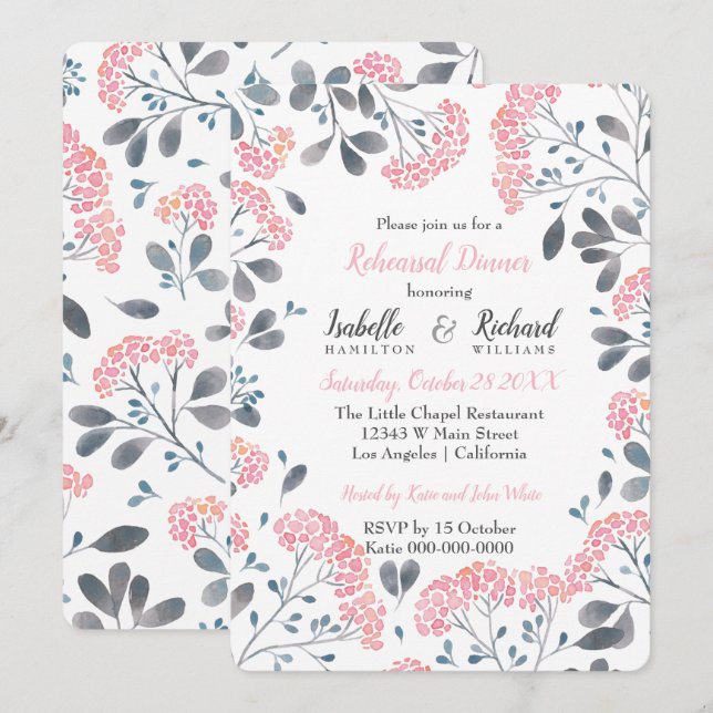 Chic floral grey pink watercolor Rehearsal Dinner Invitation (Front/Back)