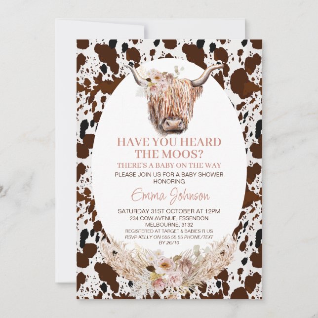 Chic Floral Highland Cow Cowhide Baby Shower Invitation (Front)