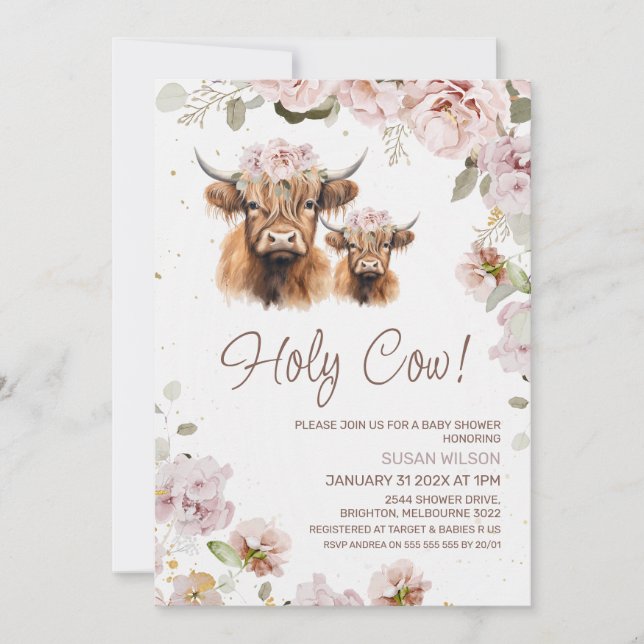 Chic Floral Holy Cow Highland Cow Baby Shower Invitation (Front)