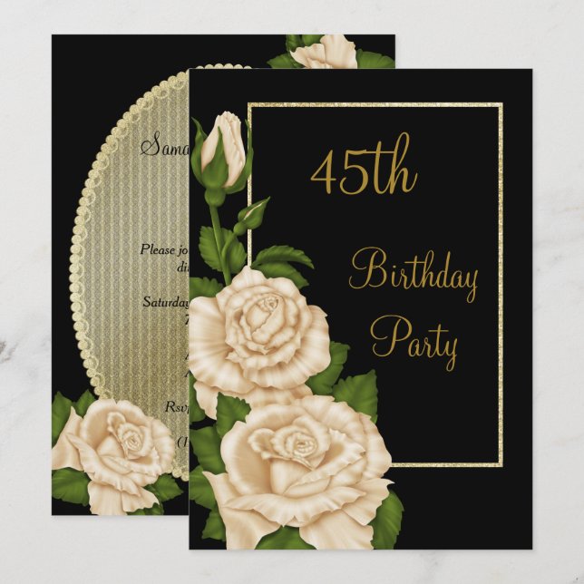 Chic Floral Ivory Roses 45th Birthday Invitation (Front/Back)