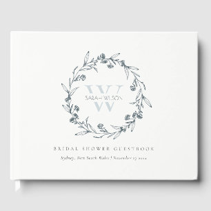 Chic Floral Laurel Wreath Monogram Bridal Shower Guest Book