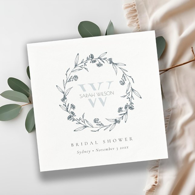 Chic Floral Laurel Wreath Monogram Bridal Shower Napkin (Creator Uploaded)