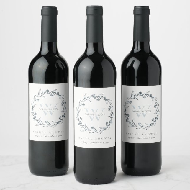 Chic Floral Laurel Wreath Monogram Bridal Shower Wine Label (Bottles)
