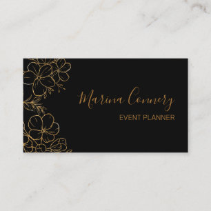 Chic Floral Line Drawing Black Gold Event Planner Business Card