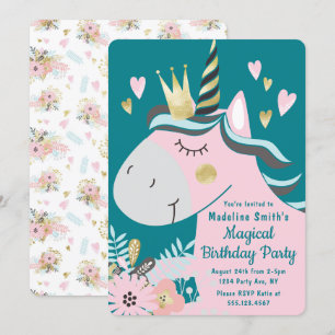 Chic Floral Magical Unicorn Girl's Birthday Party Invitation