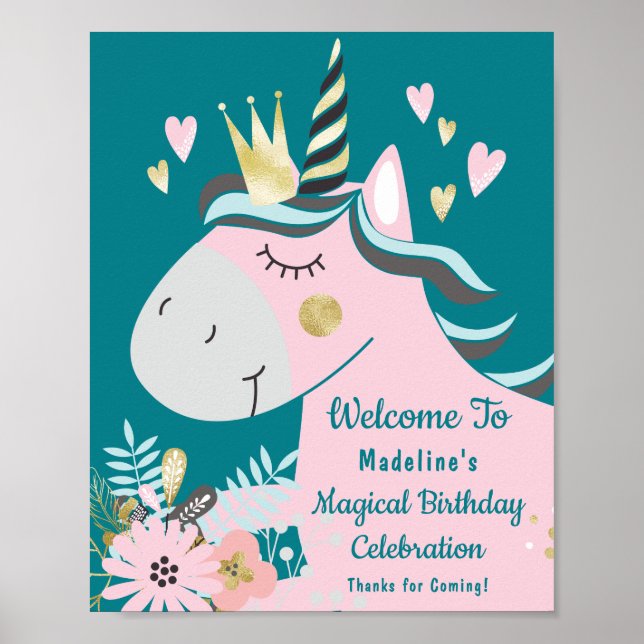 Chic Floral Magical Unicorn Girly Birthday Welcome Poster (Front)