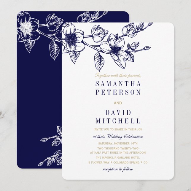 Chic Floral Magnolia Branch Navy Blue GOLD Wedding Invitation (Front/Back)