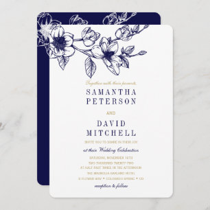 Chic Floral Magnolia Branch Navy Blue GOLD Wedding Invitation