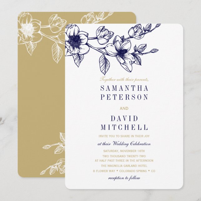 Chic Floral Magnolia Branch Navy Blue GOLD Wedding Invitation (Front/Back)