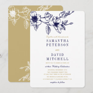 Chic Floral Magnolia Branch Navy Blue GOLD Wedding Invitation