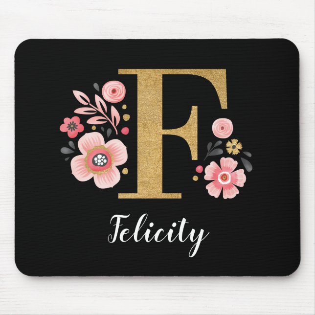 Chic Floral Monogram Initial Pink Gold Letter F Mouse Mat (Front)