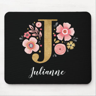 Chic Floral Monogram Initial Pink Gold Letter J Mouse Mat