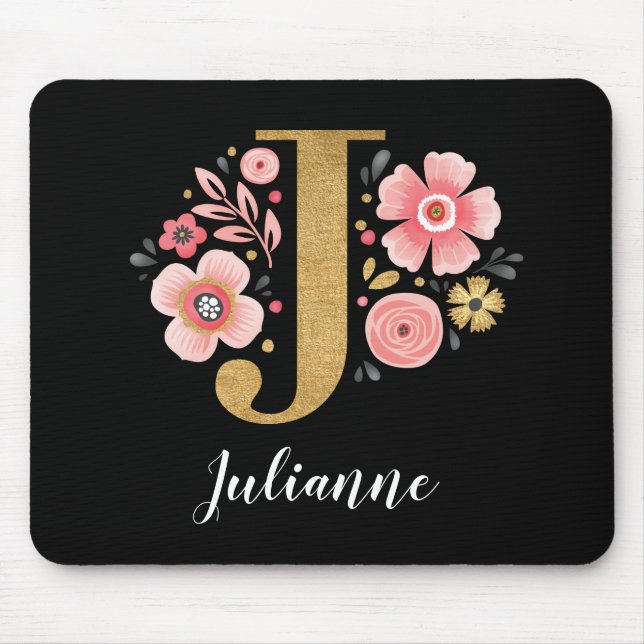 Chic Floral Monogram Initial Pink Gold Letter J Mouse Mat (Front)
