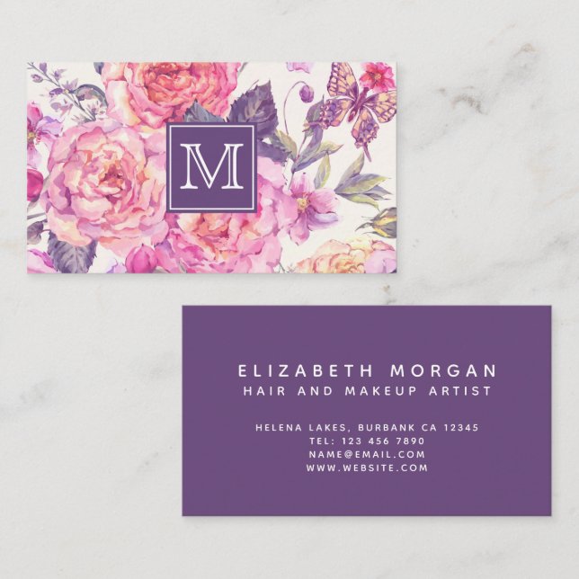 Chic Floral Monogram | Purple Butterfly Business Card (Front/Back)