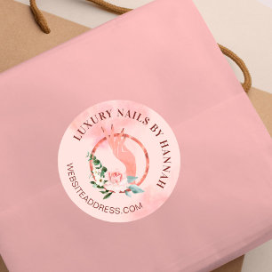 Chic Floral Nail Art Manicure Hand Nail Salon Logo Classic Round Sticker