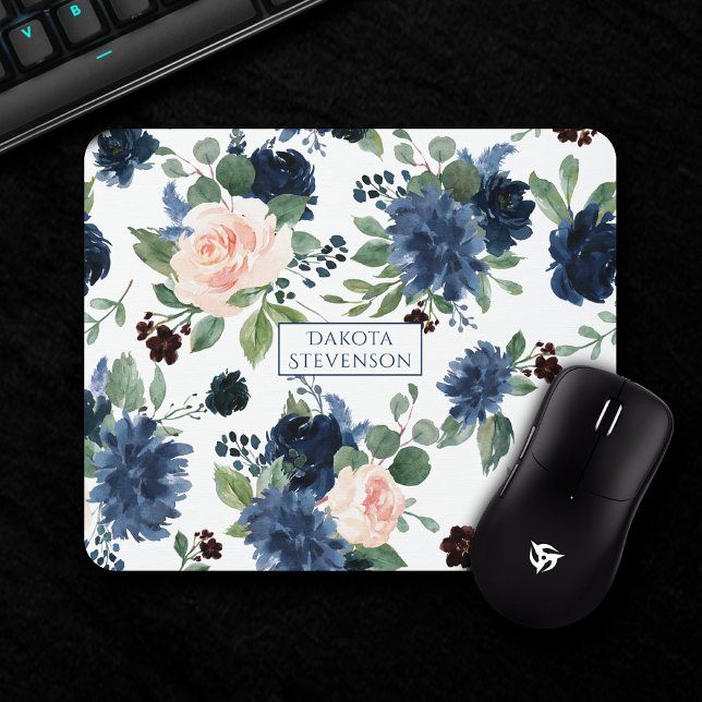 Chic Floral | Navy Blue and Blush Pink Pattern Mouse Mat (Creator Uploaded)