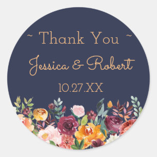 Chic Floral Navy Blue Thank You Favour Sticker
