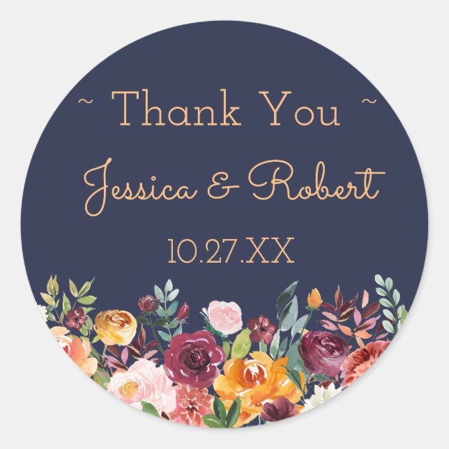 Chic Floral Navy Blue Thank You Favour Sticker (Front)