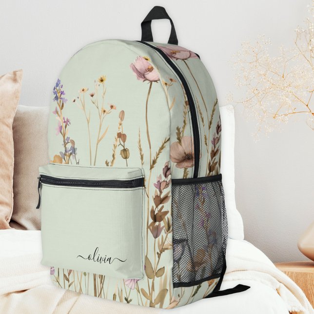 Chic Floral Pattern Custom Script Name Sage Green Printed Backpack (Creator Uploaded)