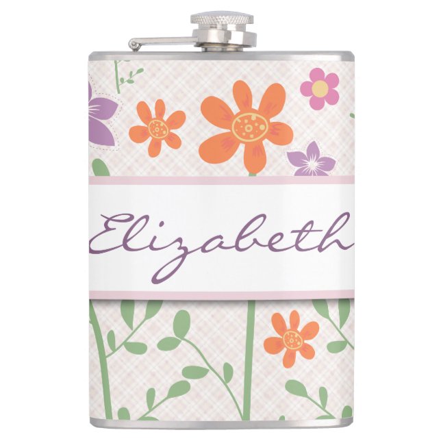 Chic Floral Pattern Design Monogram Hip Flask (Front)
