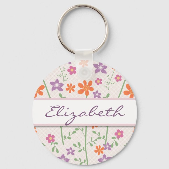 Chic Floral Pattern Design Monogram Key Ring (Front)