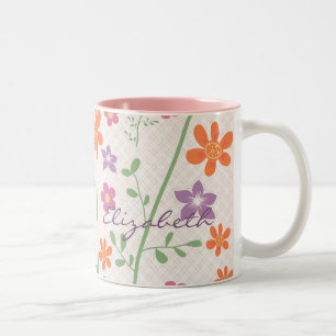 Chic Floral Pattern Design Monogram Two-Tone Coffee Mug