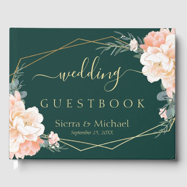 Chic Floral Peach Cream Gold Emerald Green Wedding Guest Book (Front)