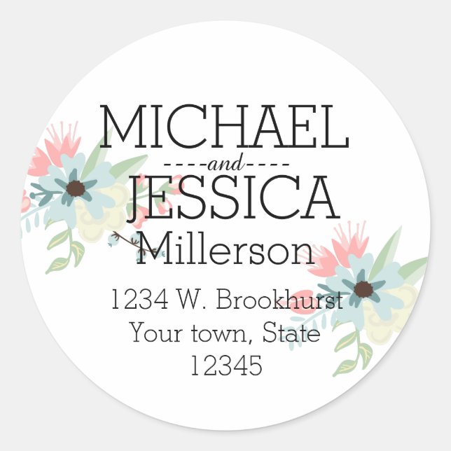 Chic Floral Personalised address Classic Round Sticker (Front)