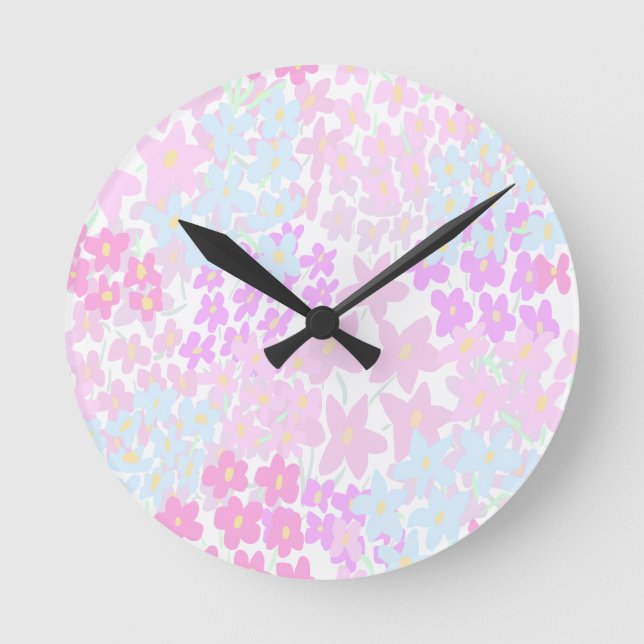 Chic Floral Pink and Teal Pattern  Round Clock (Front)