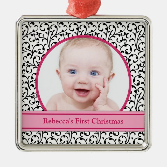 Chic Floral Pink Baby's First Christmas Ornament (Front)