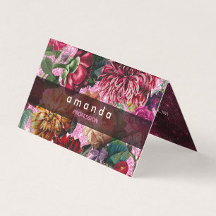 Chic floral pink Burgundy purple glitter monogram Business Card