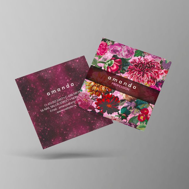 Chic floral pink Burgundy purple glitter monogram Square Business Card (Creator Uploaded)