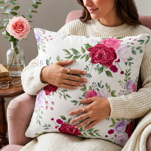 Chic Floral Pink Burgundy Rose Watercolor Romantic Cushion