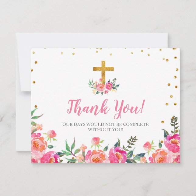 Chic Floral Pink Gold Thank You Card (Front)