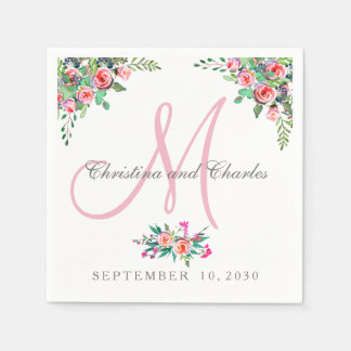 Chic Floral Pink Monogram Wedding Paper Napkins