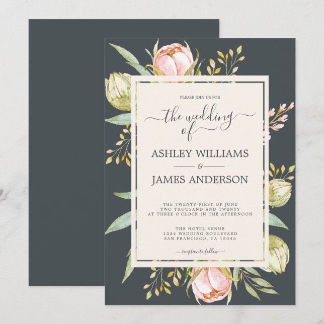 Chic Floral Pink Peony Botanical Off-black Wedding Invitation (Front/Back)