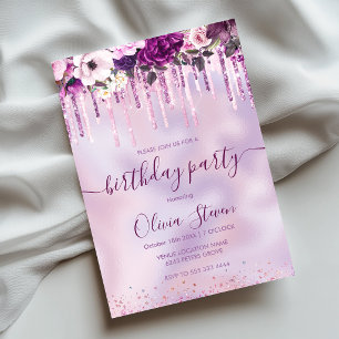 Chic floral pink purple dripping glitter any age invitation