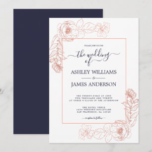 Chic Floral Pink Rose Gold Dark Blue Wedding Invitation
