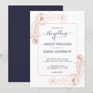 Chic Floral Pink Rose Gold Dark Blue Wedding Invitation