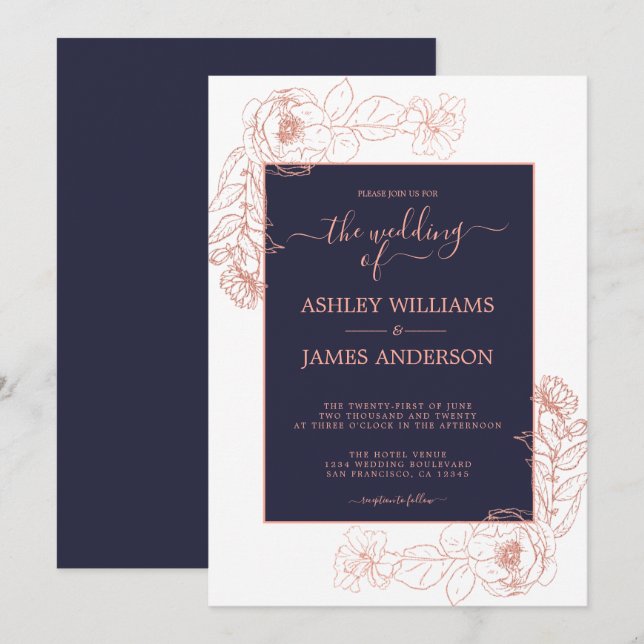 Chic Floral Pink Rose Gold Dark Blue Wedding Invitation (Front/Back)