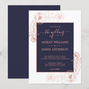 Chic Floral Pink Rose Gold Dark Blue Wedding Invitation