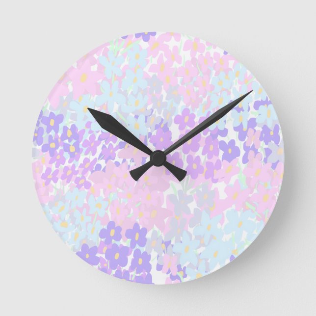 Chic Floral Pink Teal Purple Pattern  Round Clock (Front)
