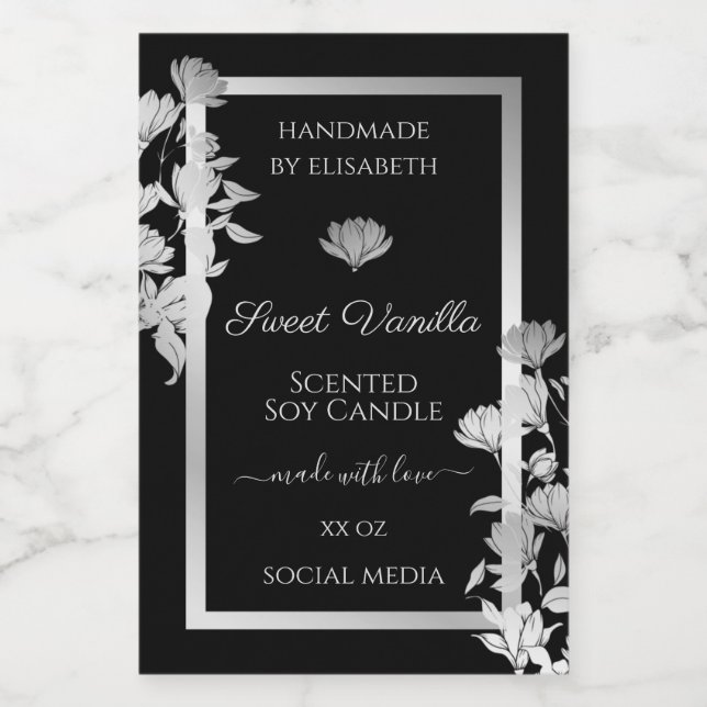 Chic Floral Product Packaging Labels Black Silver (Single Label)