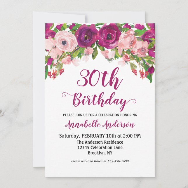 Chic Floral Purple Pink Watercolor Birthday Script Invitation (Front)