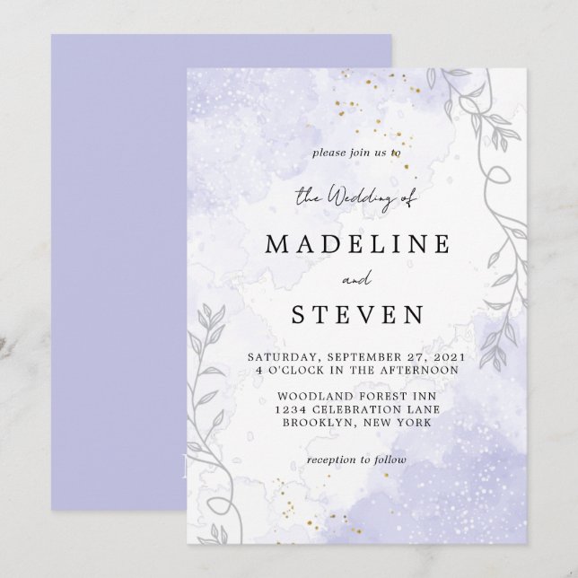 Chic Floral Purple Watercolor Ink Monogram Wedding Invitation (Front/Back)