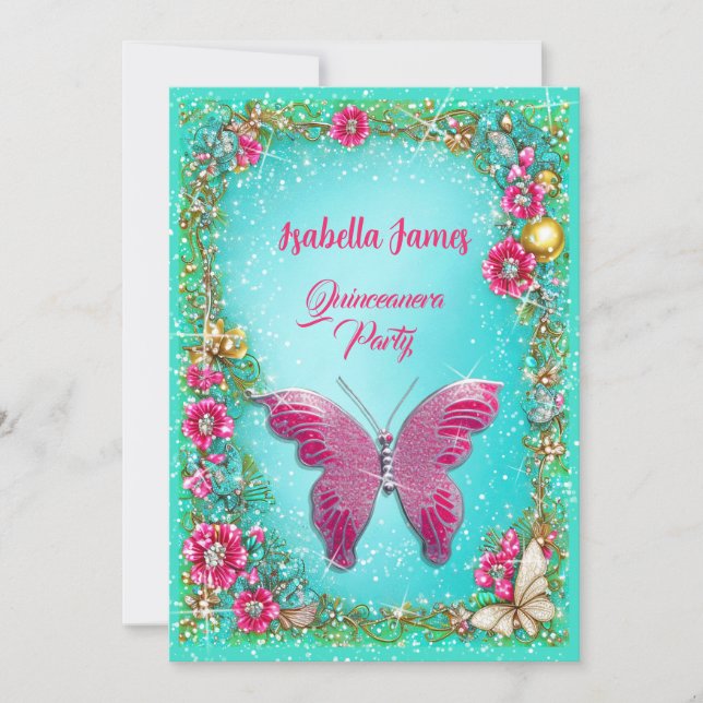 chic floral Quinceañera pink turquoise Butterfly  Invitation (Front)