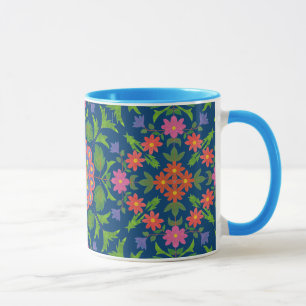 Chic Floral Rangoli Deep Blue Ringer Coffee Mug