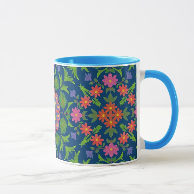Chic Floral Rangoli Deep Blue Ringer Coffee Mug (Right)