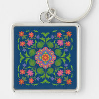 Chic Floral Rangoli on Deep Blue Square Keychain